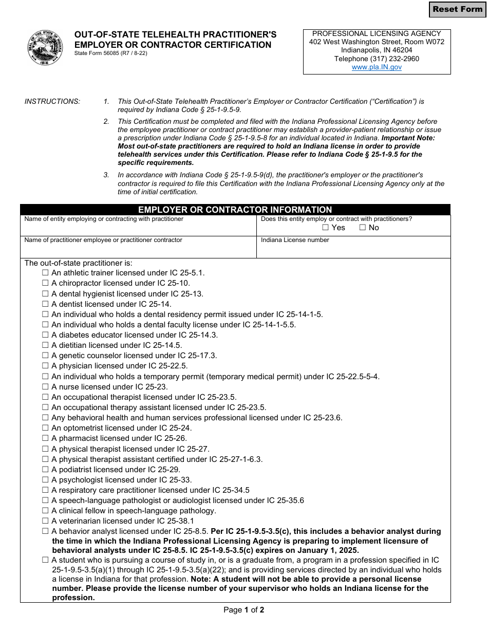 State Form 56085 Out-of-State Telehealth Practitioners Employer or Contractor Certification - Indiana, Page 1