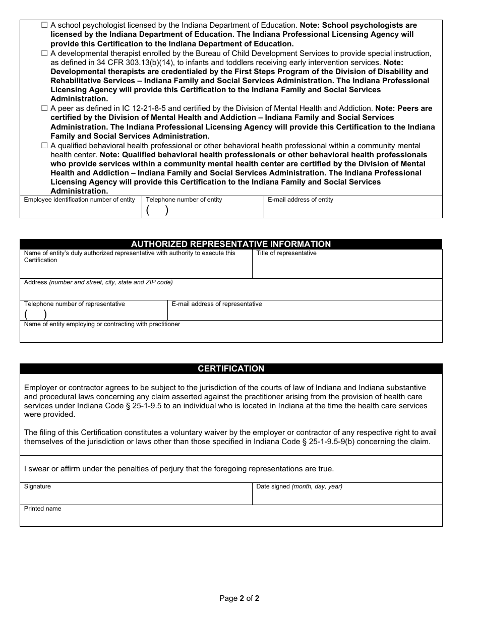 State Form 56085 Out-of-State Telehealth Practitioners Employer or Contractor Certification - Indiana, Page 2