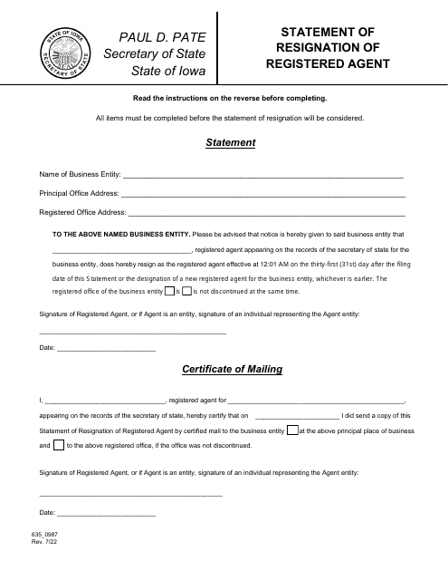 Form 635_0987 Statement of Resignation of Registered Agent - Iowa