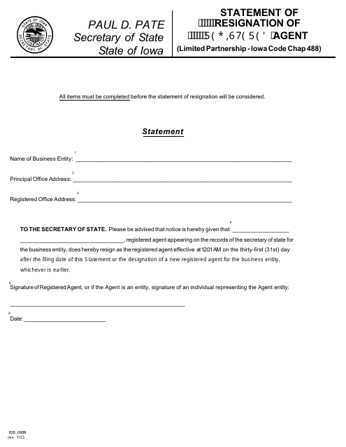 Form 635_0988 Statement of Resignation of Registered Agent (Limited Partnership - Iowa Code Chap 488) - Iowa