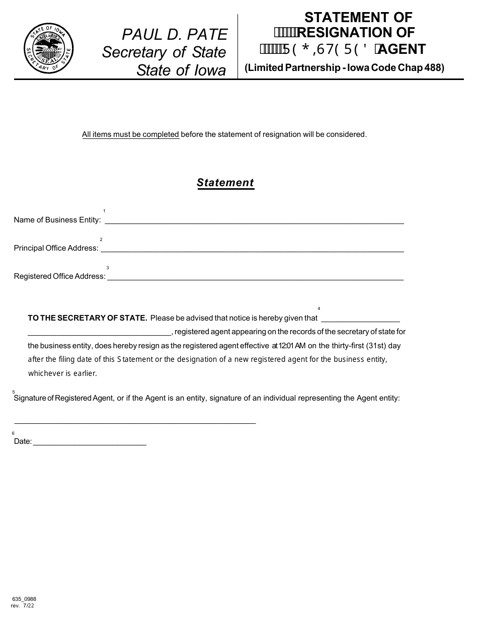 Form 635_0988 Statement of Resignation of Registered Agent (Limited Partnership - Iowa Code Chap 488) - Iowa, Page 1