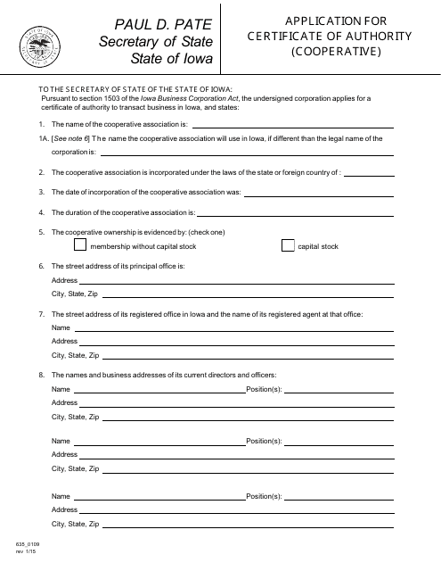 Form 635_0109 Application for Certificate of Authority (Cooperative) - Iowa