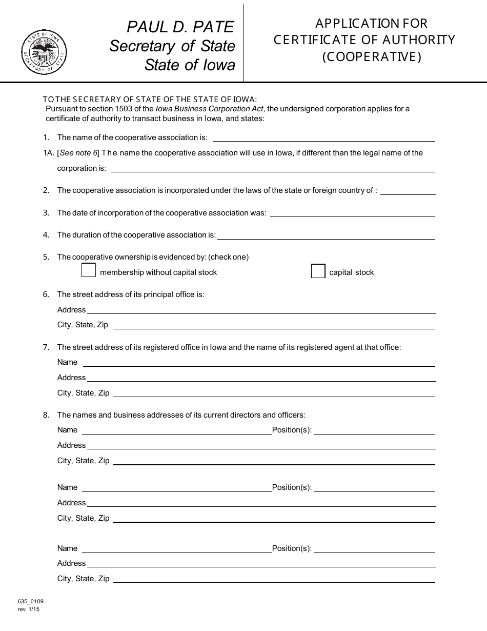 Form 635_0109 Application for Certificate of Authority (Cooperative) - Iowa, Page 1