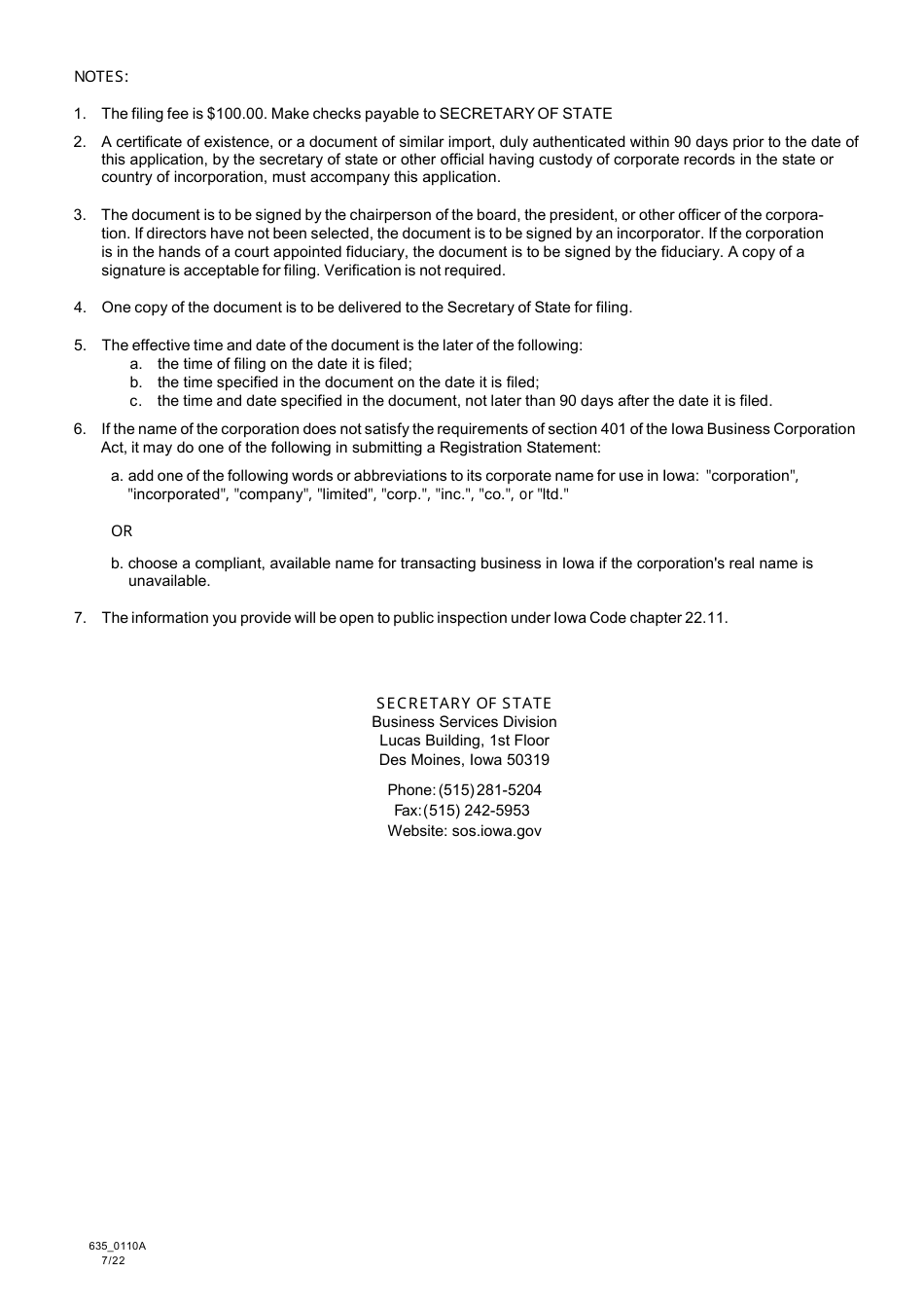 Form 635_0110A Foreign Profit Corporation Registration Statement - Iowa, Page 3