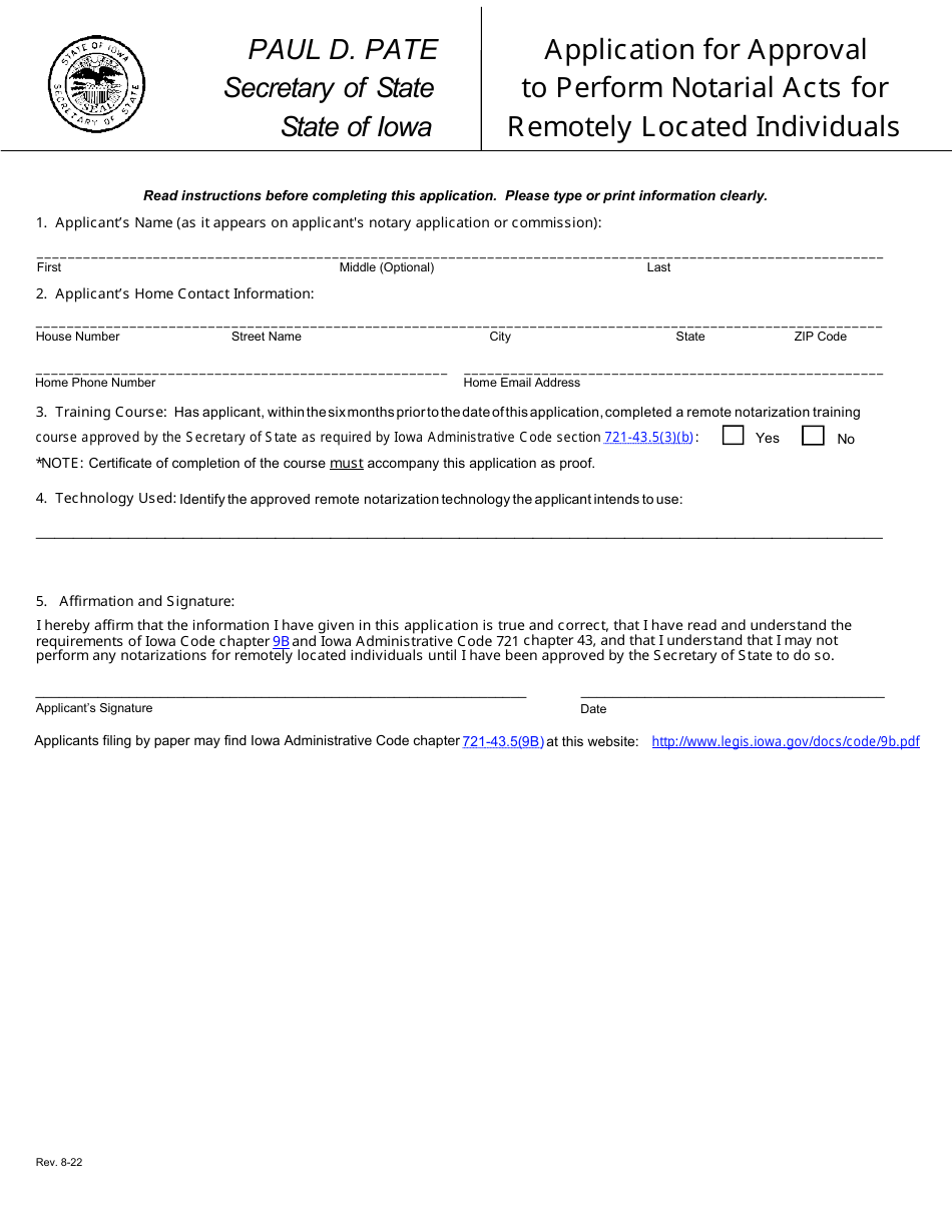 Application for Approval to Perform Notarial Acts for Remotely Located Individuals - Iowa, Page 1