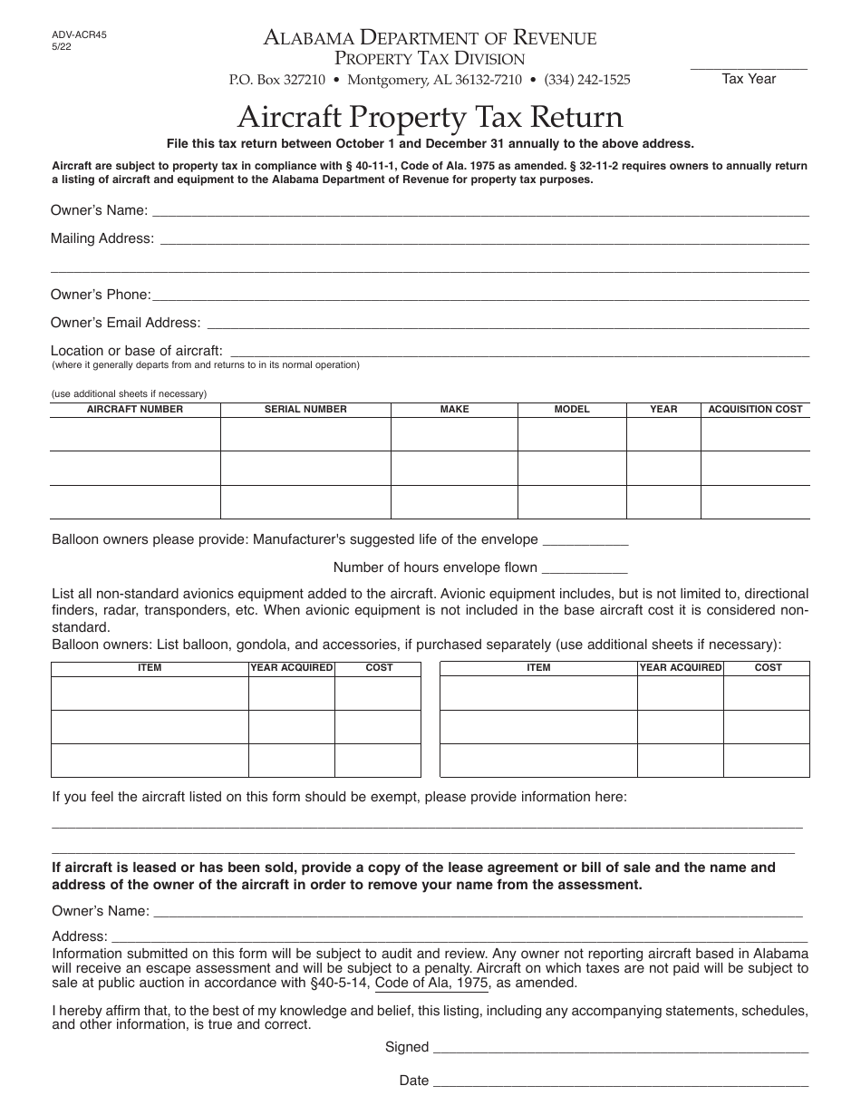 Form ADV-ACR45 Aircraft Property Tax Return - Alabama, Page 1