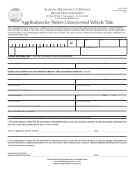 Document preview: Form MVT40-1E Application for Stolen-Unrecovered Vehicle Title - Alabama