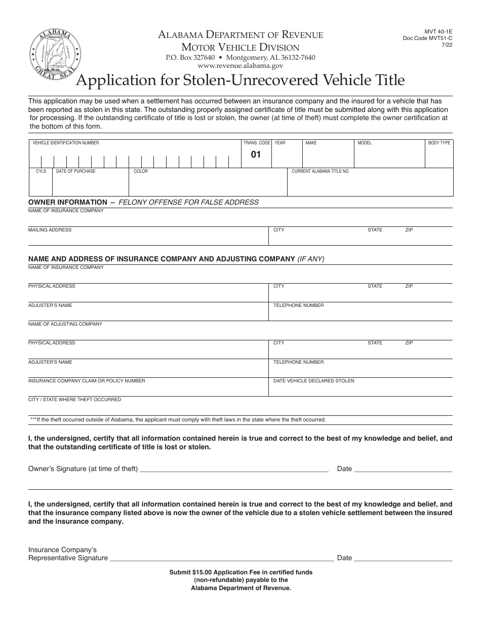 Form MVT40-1E Application for Stolen-Unrecovered Vehicle Title - Alabama, Page 1