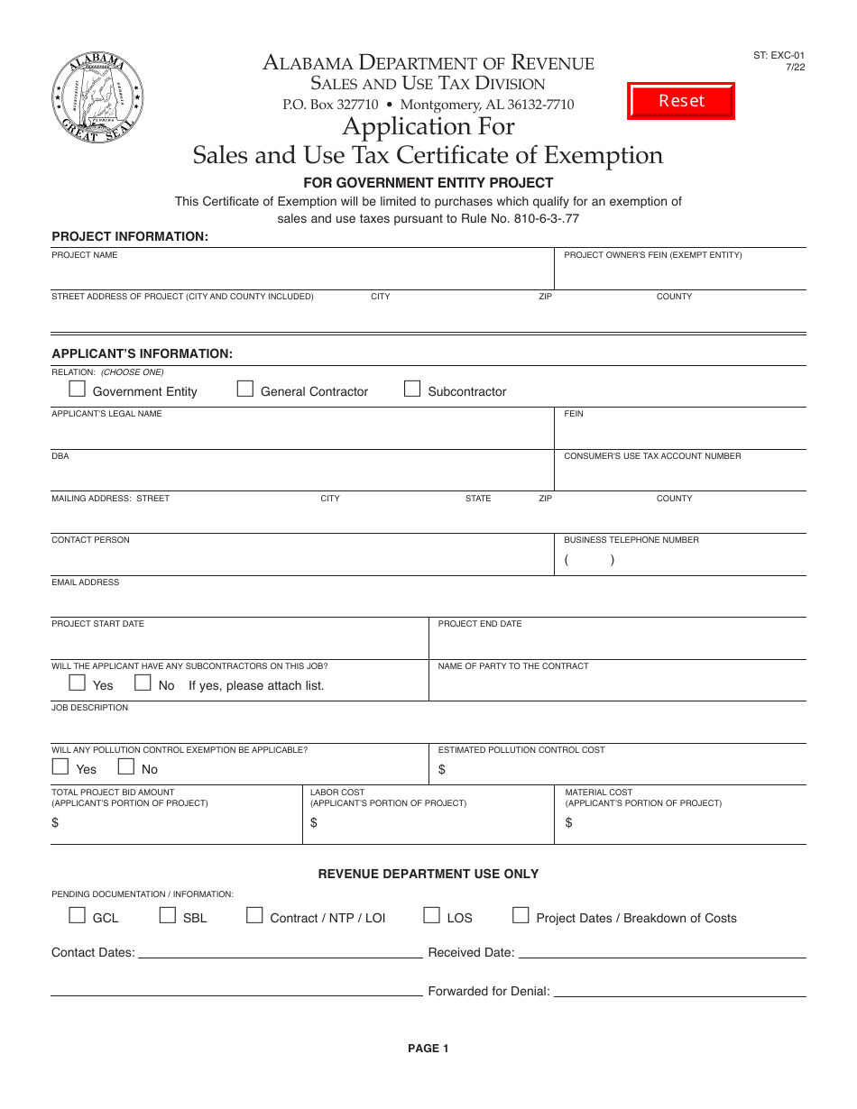 Form ST: EXC-01 Application for Sales and Use Tax Certificate of Exemption - Alabama, Page 1