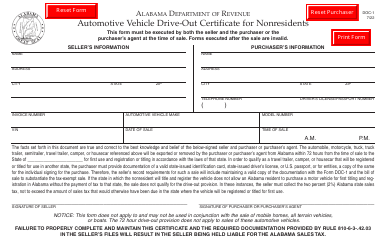 Form DOC-1 Automotive Vehicle Drive-Out Certificate for Nonresidents - Alabama