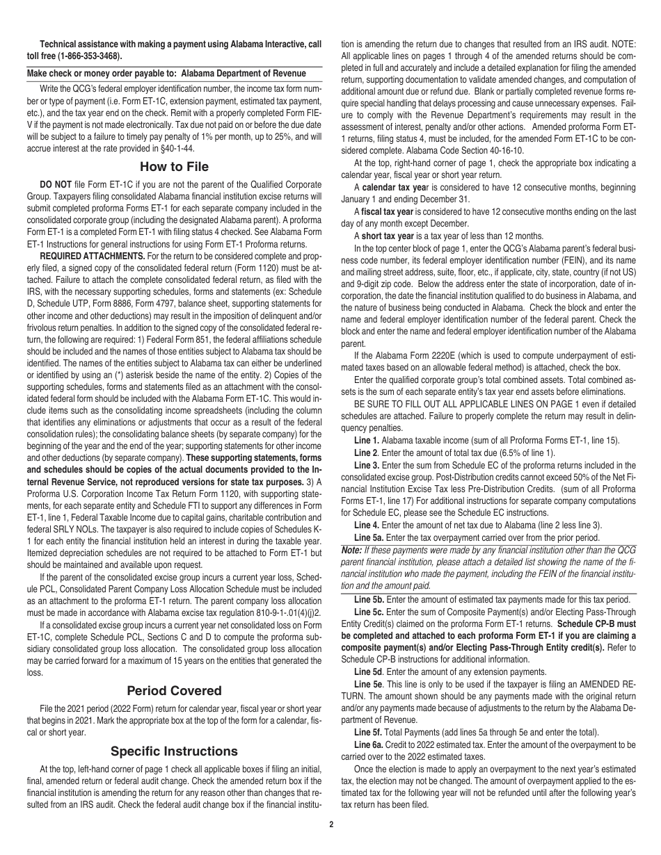Instructions for Form ET-1C Consolidated Financial Institution Excise Tax Return - Alabama, Page 2