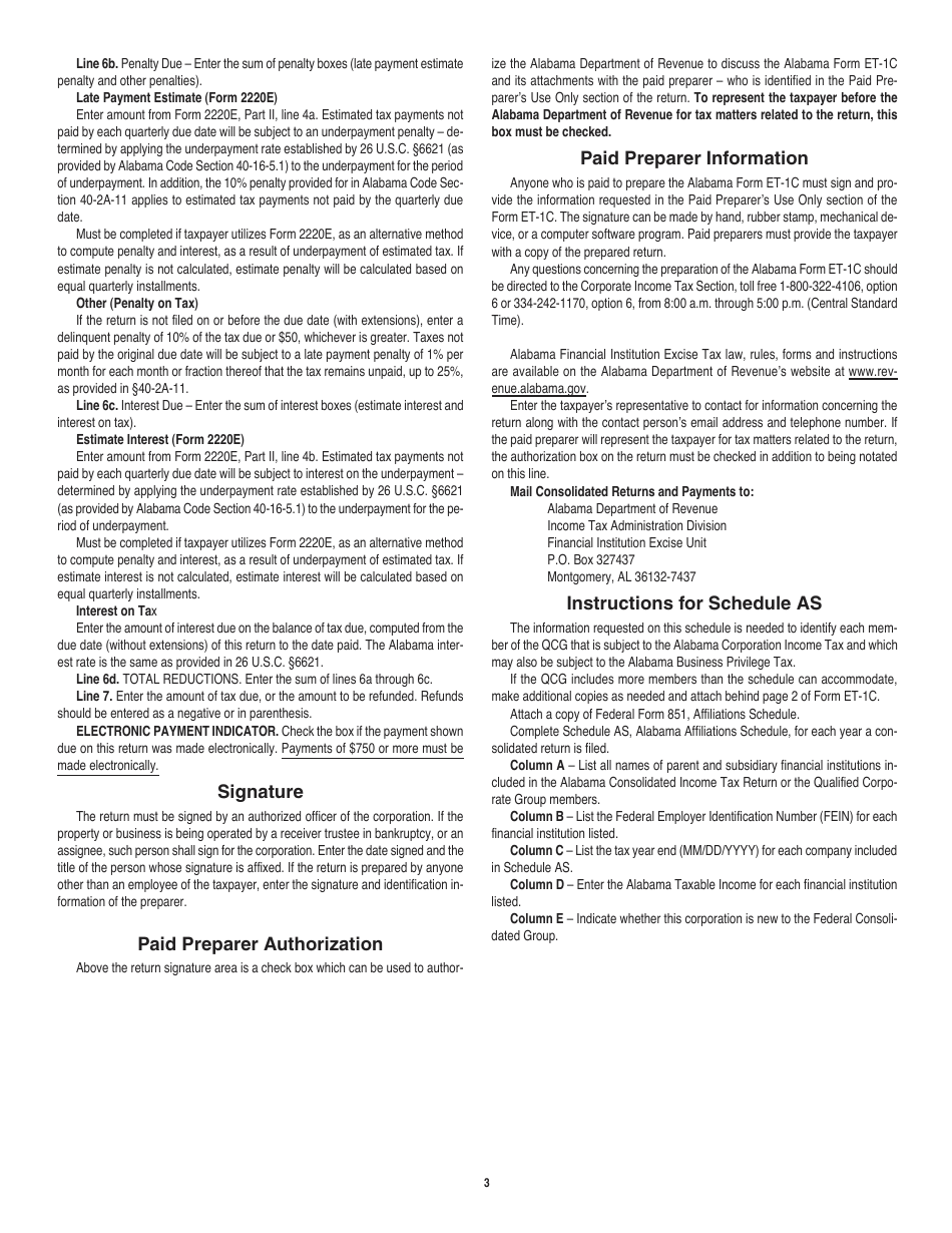 Instructions for Form ET-1C Consolidated Financial Institution Excise Tax Return - Alabama, Page 3