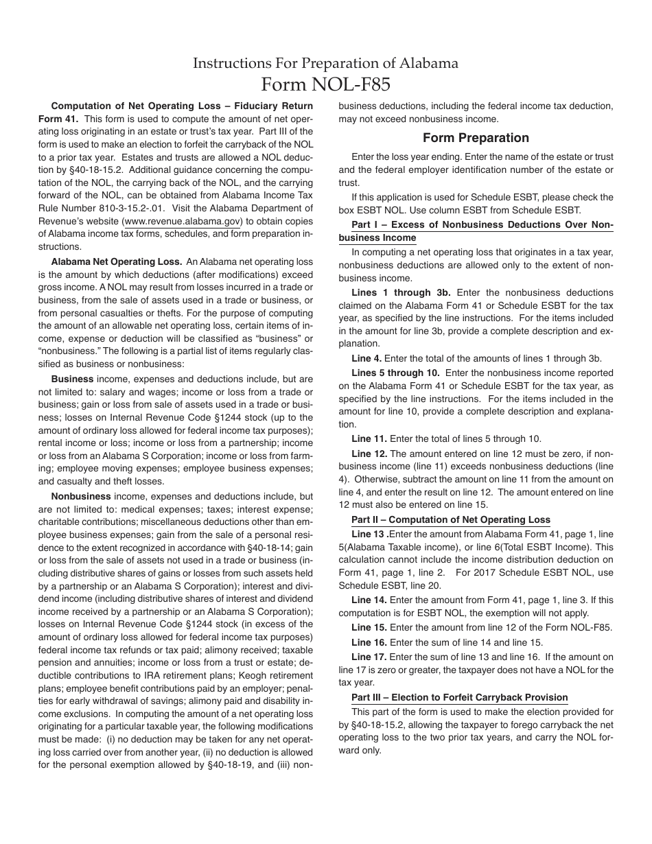 Instructions for Form NOL-F85 Computation of Net Operating Loss - Fiduciary Return - Alabama, Page 1