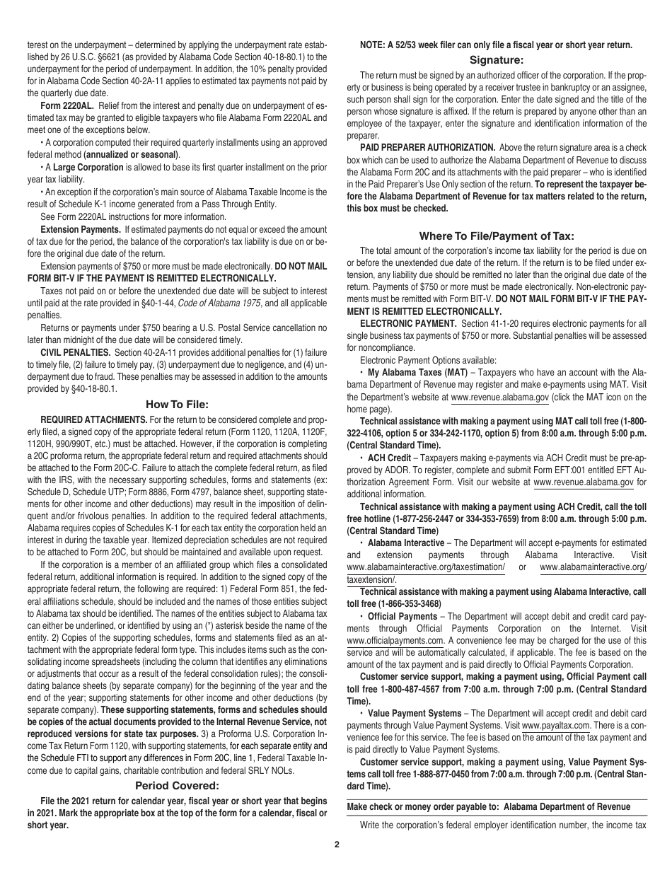 Instructions for Form 20C Corporation Income Tax Return - Alabama, Page 2