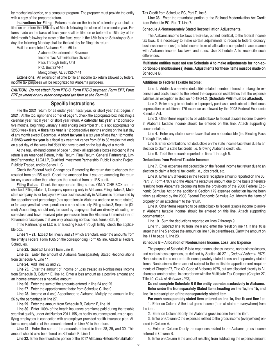 Instructions for Form 65 Partnership / Limited Liability Company Return of Income - Alabama, Page 2