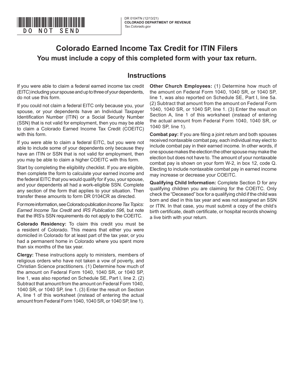 Form DR0104TN Colorado Earned Income Tax Credit for Itin Filers - Colorado, Page 1