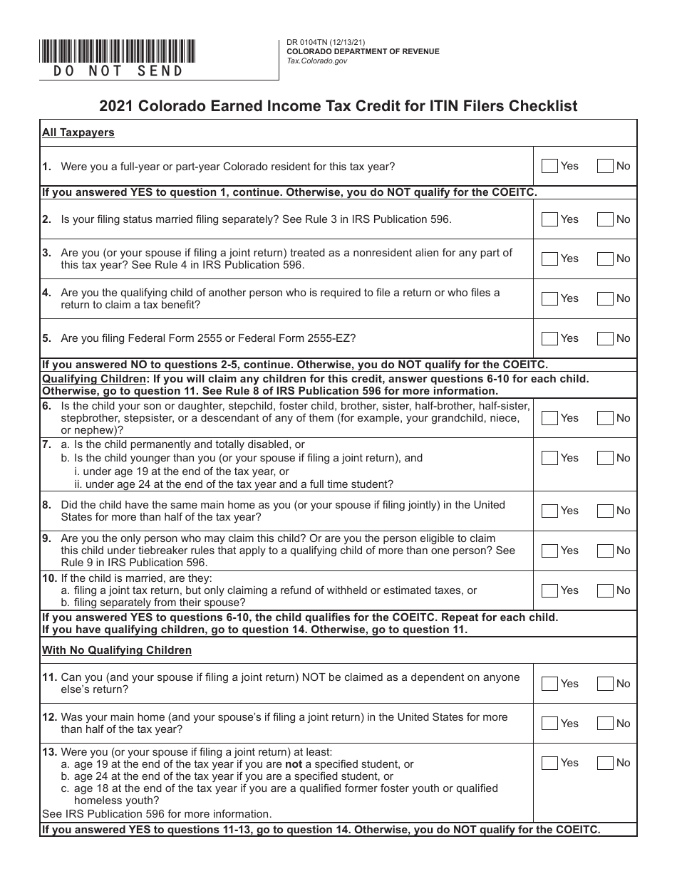 Form DR0104TN Colorado Earned Income Tax Credit for Itin Filers - Colorado, Page 3