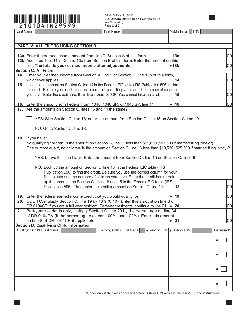 Form DR0104TN Colorado Earned Income Tax Credit for Itin Filers - Colorado, Page 6