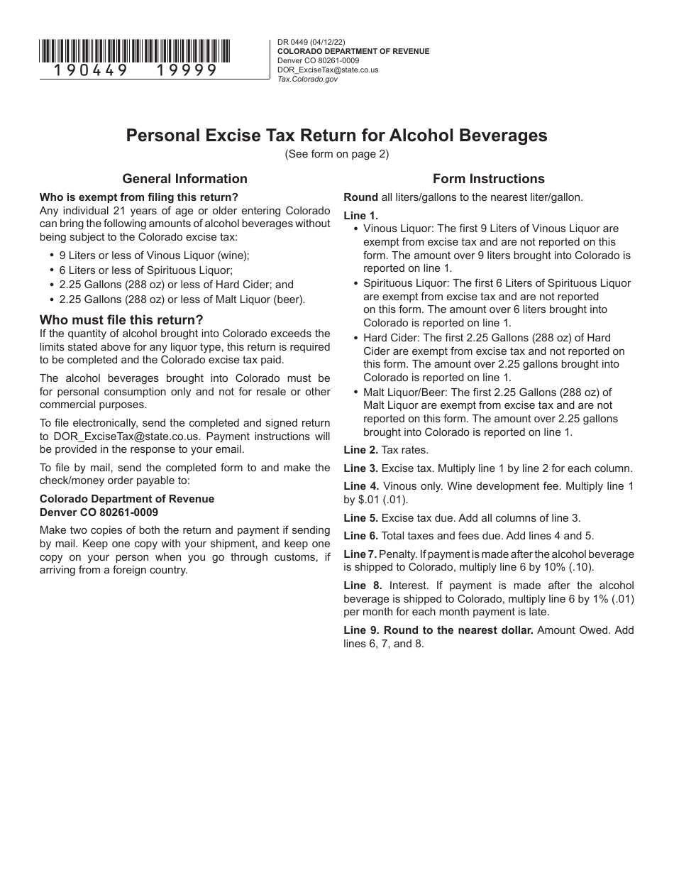 Form DR0449 Personal Excise Tax Return for Alcohol Beverages - Colorado, Page 1