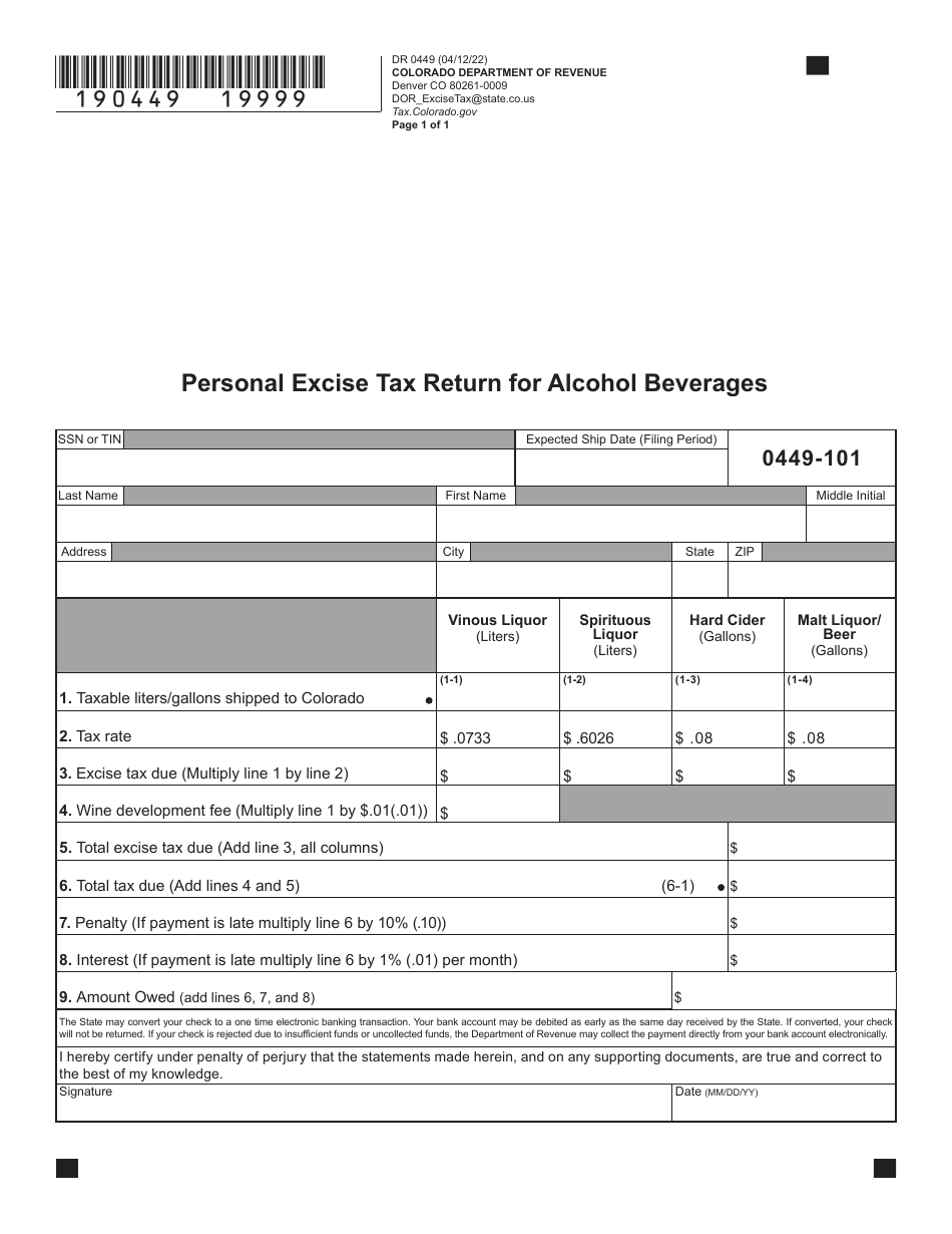 Form DR0449 Personal Excise Tax Return for Alcohol Beverages - Colorado, Page 2
