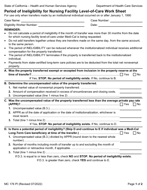 Document preview: Form MC176PI Period of Ineligibility for Nursing Facility Level-Of-Care Work Sheet - California