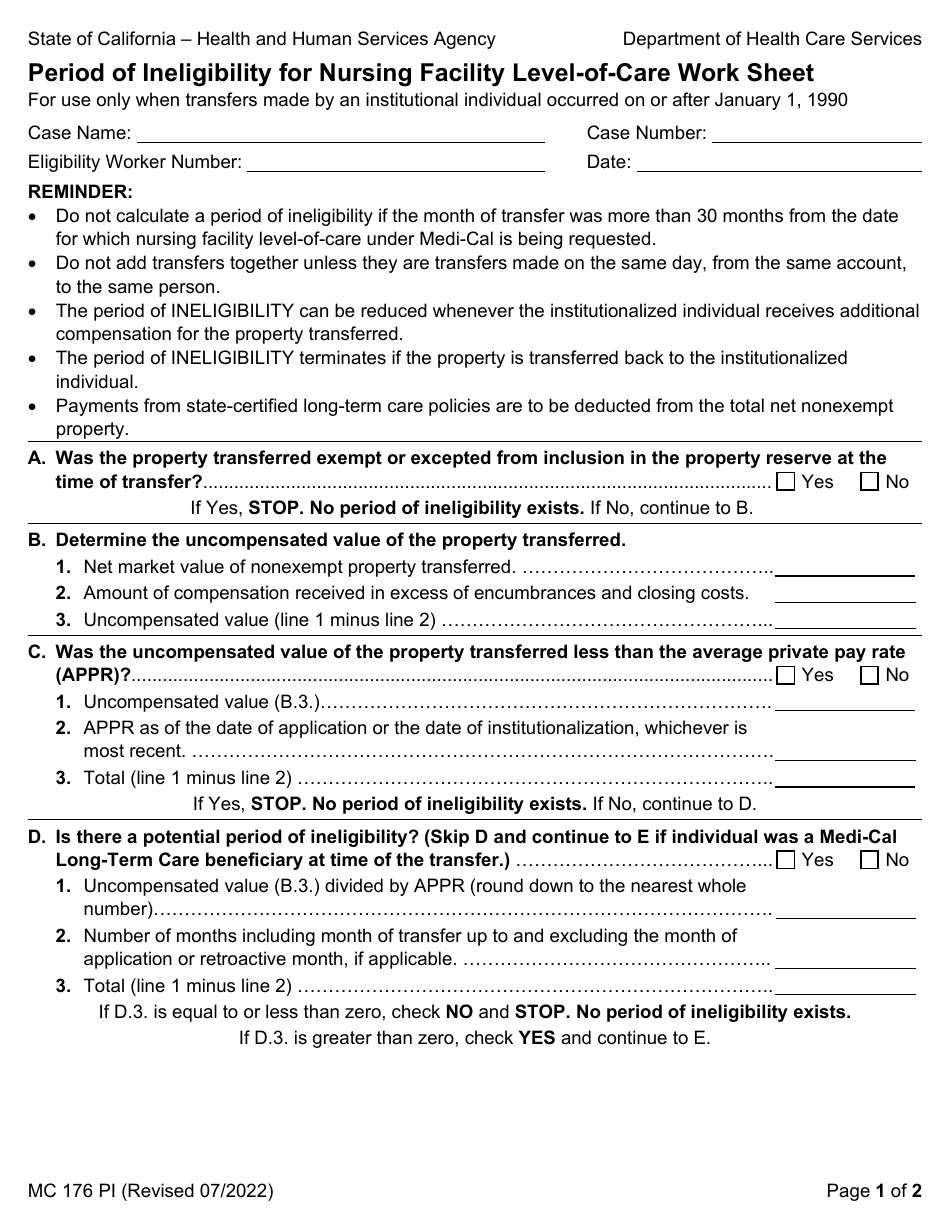 Form MC176PI Period of Ineligibility for Nursing Facility Level-Of-Care Work Sheet - California, Page 1