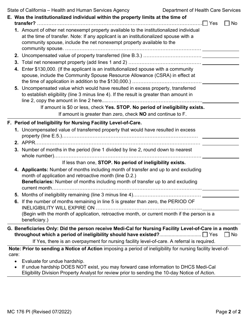 Form MC176PI Period of Ineligibility for Nursing Facility Level-Of-Care Work Sheet - California, Page 2
