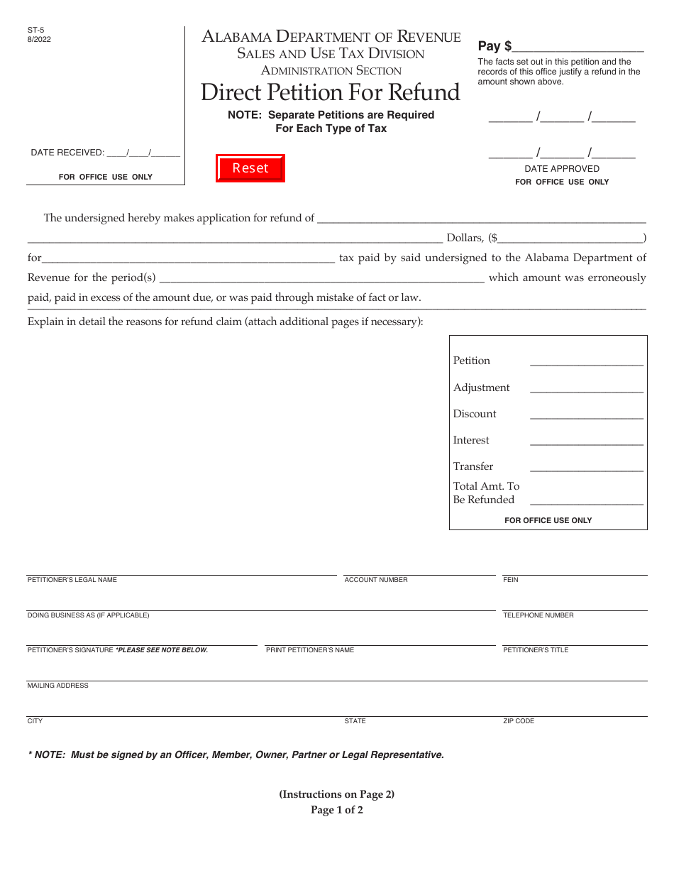Form ST-5 Direct Petition for Refund - Alabama, Page 1