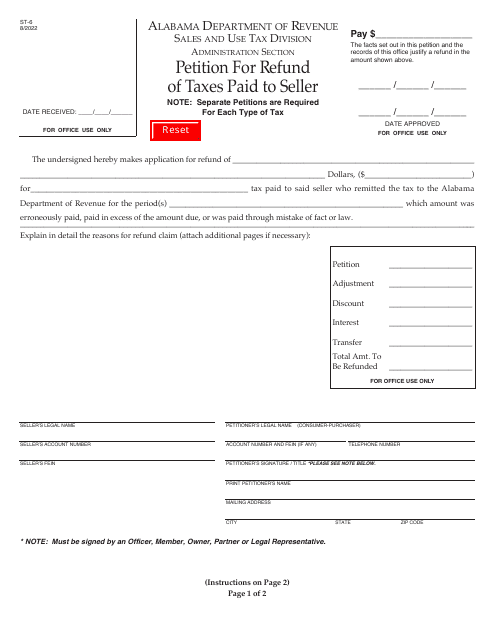 Form ST-6 Petition for Refund of Taxes Paid to Seller - Alabama