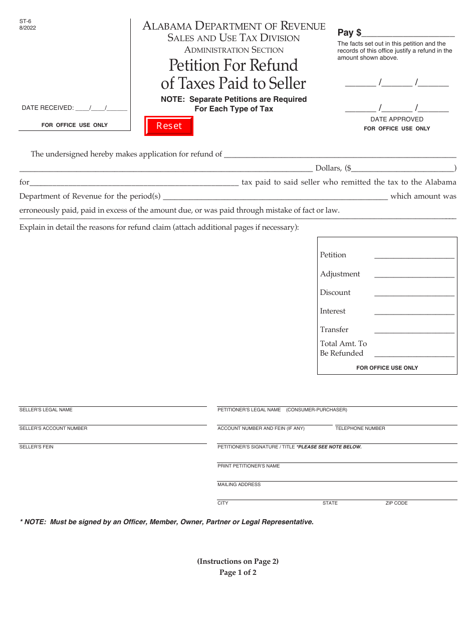 Form ST-6 Petition for Refund of Taxes Paid to Seller - Alabama, Page 1