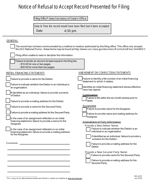 Form 635_4010 Notice of Refusal to Accept Record Presented for Filing - Iowa