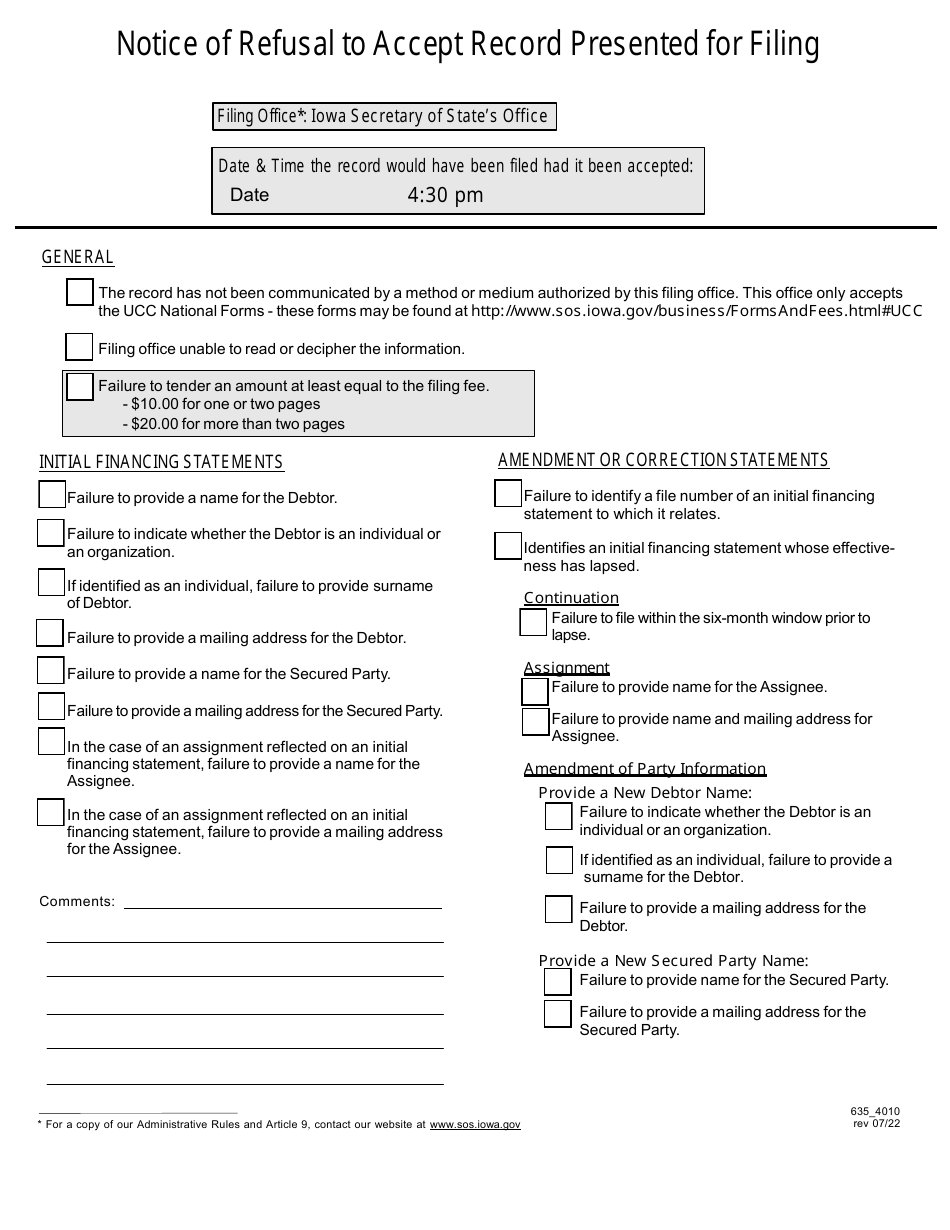 Form 635_4010 Notice of Refusal to Accept Record Presented for Filing - Iowa, Page 1