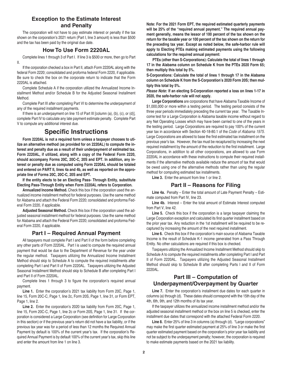 Instructions for Form 2220AL Underpayment of Estimated Tax for Corporations - Alabama, Page 2