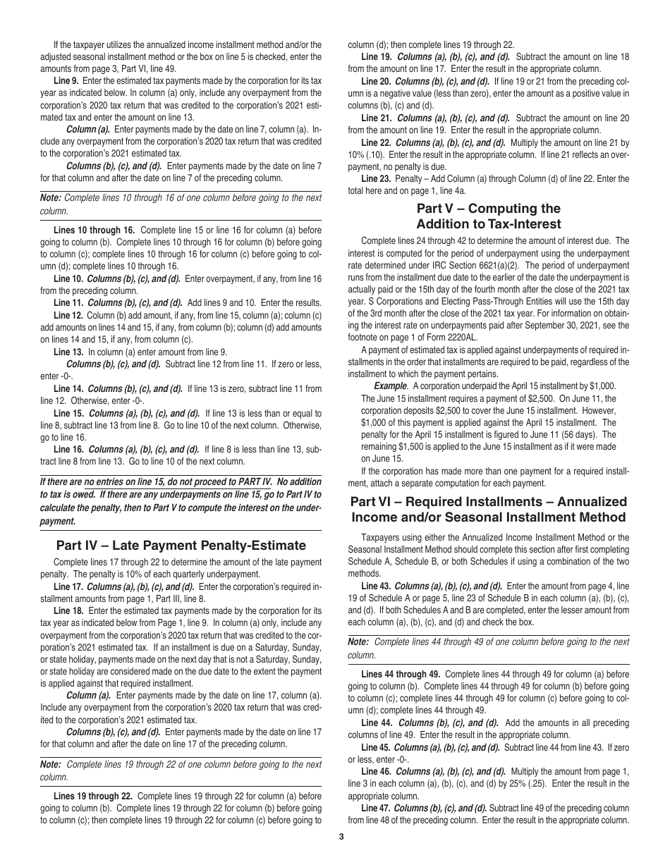 Instructions for Form 2220AL Underpayment of Estimated Tax for Corporations - Alabama, Page 3