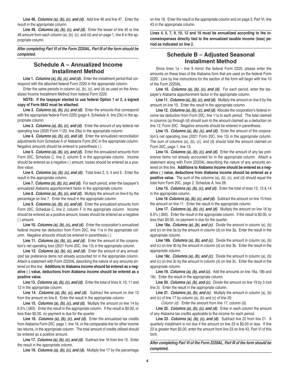 Instructions for Form 2220AL Underpayment of Estimated Tax for Corporations - Alabama, Page 4