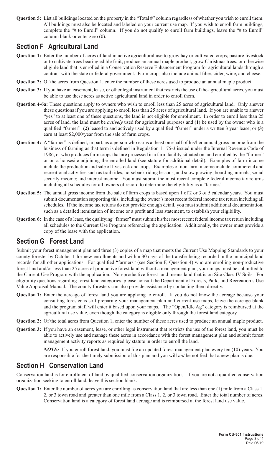 VT Form CU-301 Use Value Appraisal Application for Agricultural Land, Forest Land, Conservation Land and Farm Buildings - Vermont, Page 4