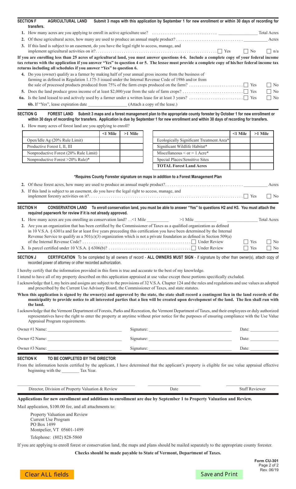 VT Form CU-301 Use Value Appraisal Application for Agricultural Land, Forest Land, Conservation Land and Farm Buildings - Vermont, Page 7