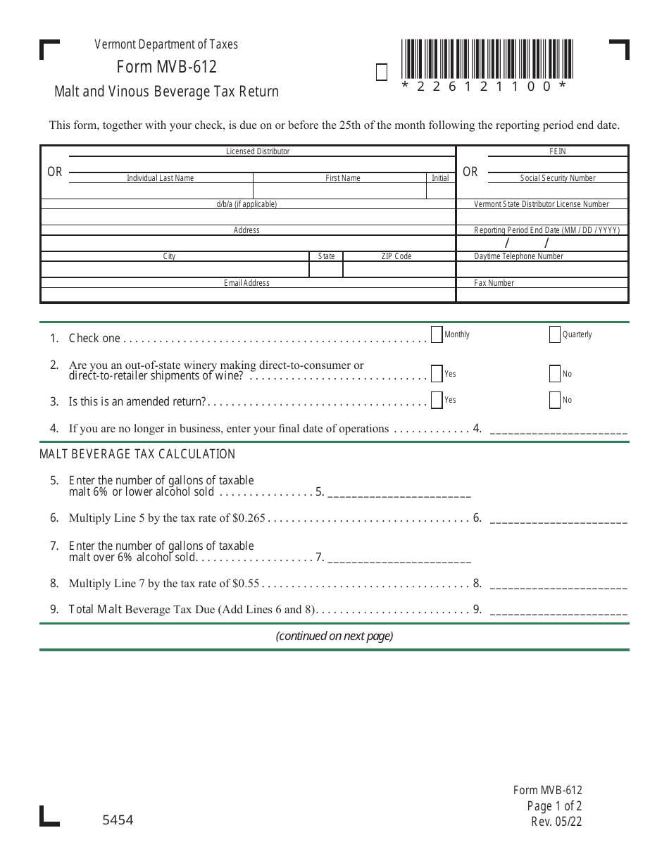 VT Form MVB-612 Malt and Vinous Beverage Tax Return - Vermont, Page 2