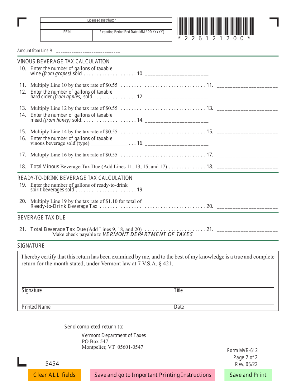 VT Form MVB-612 Malt and Vinous Beverage Tax Return - Vermont, Page 3