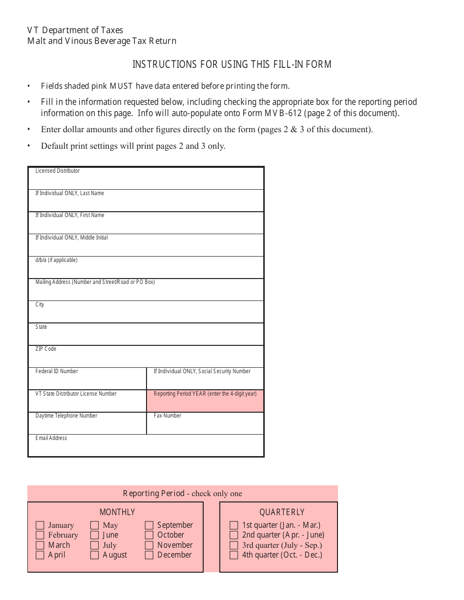 VT Form MVB612 Download Fillable PDF or Fill Online Malt and Vinous