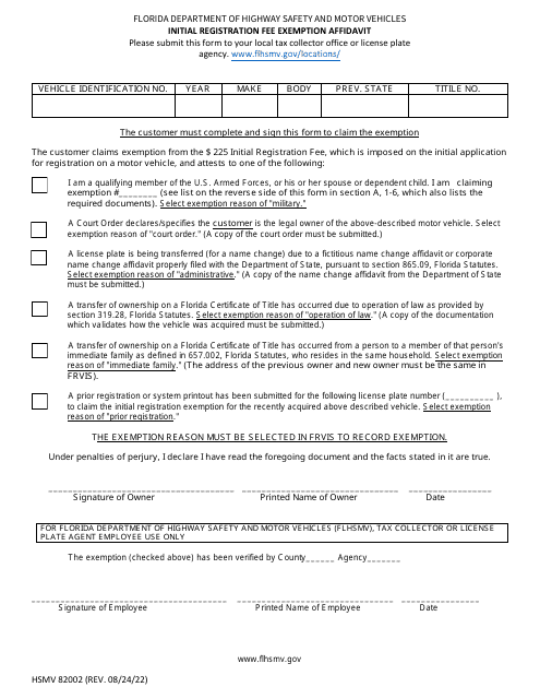 Form HSMV82002 Initial Registration Fee Exemption Affidavit - Florida