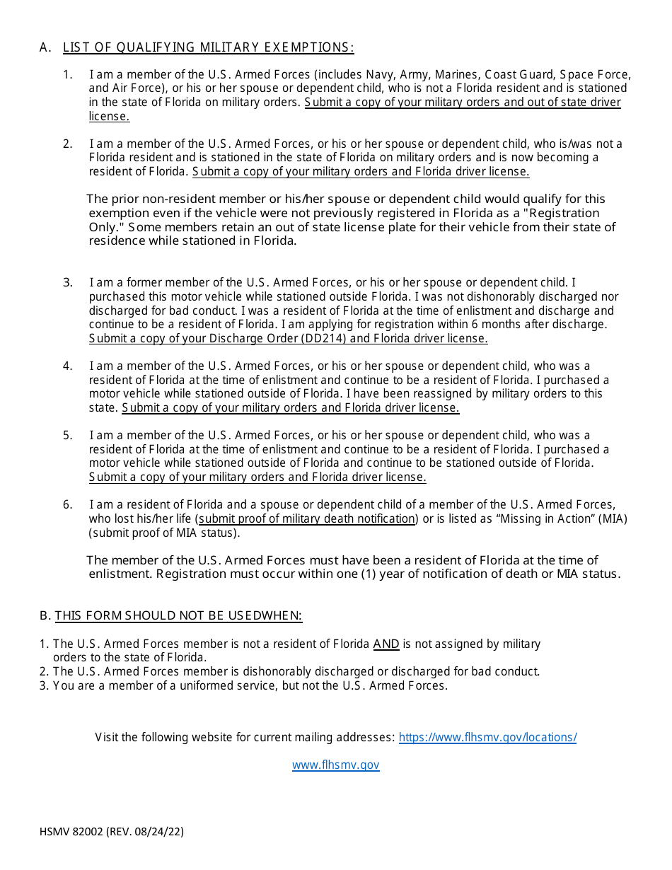 Form HSMV82002 Initial Registration Fee Exemption Affidavit - Florida, Page 2