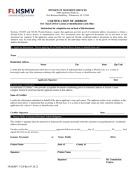 Form FLHSMV71120 Certification of Address (For Class E Driver License or Identification Cards Only) - Florida