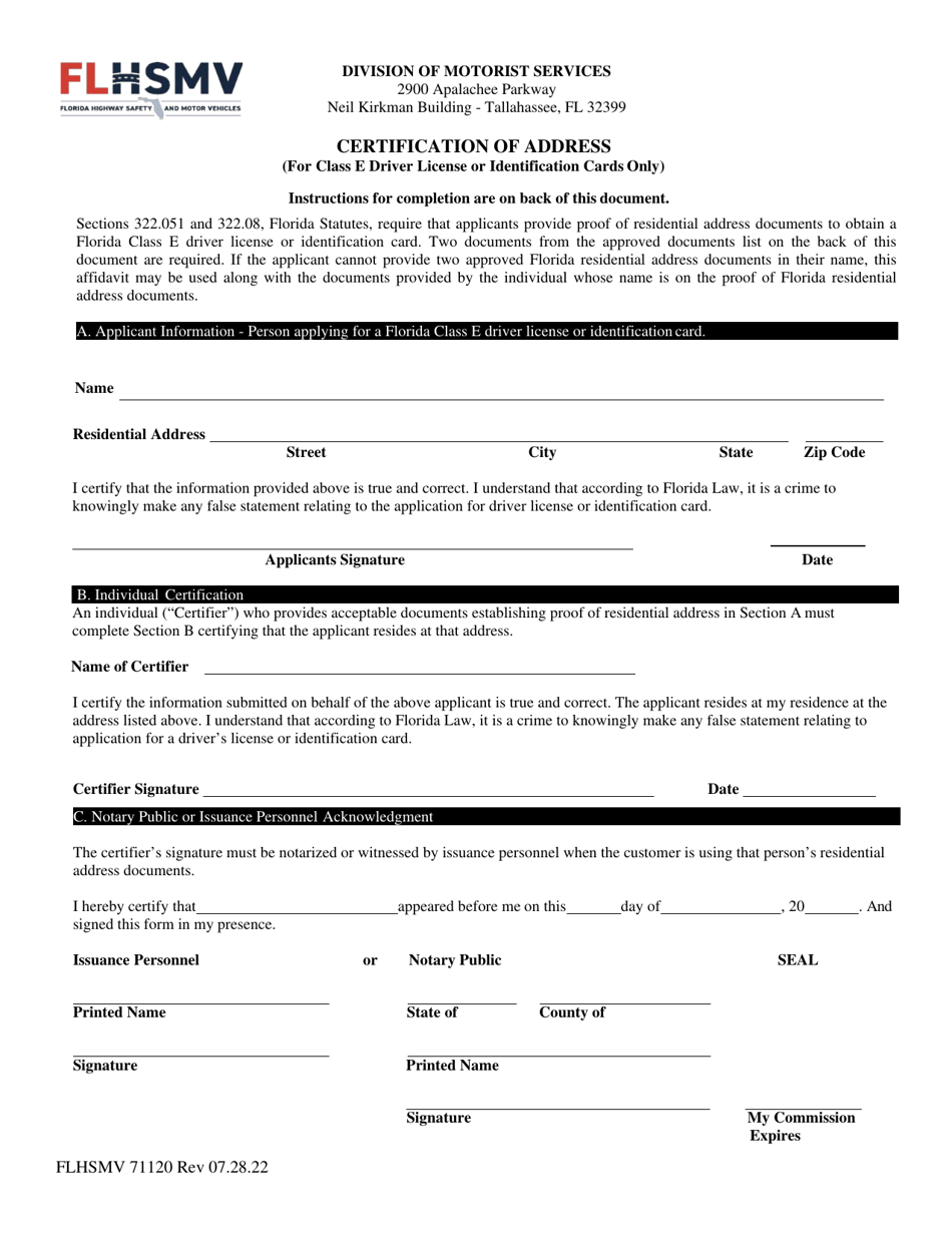 Form FLHSMV71120 Certification of Address (For Class E Driver License or Identification Cards Only) - Florida, Page 1