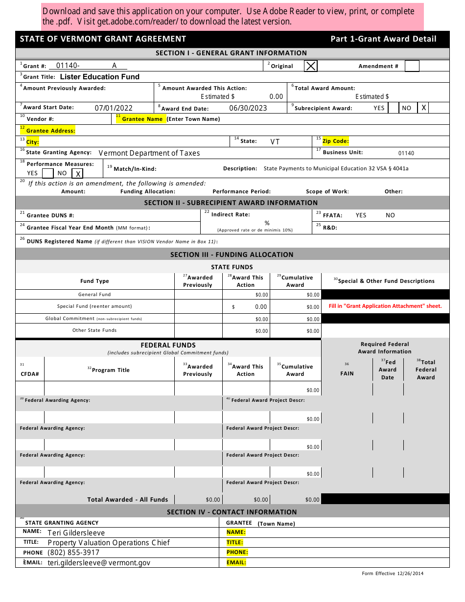 State of Vermont Grant Agreement Application - Vermont, Page 1