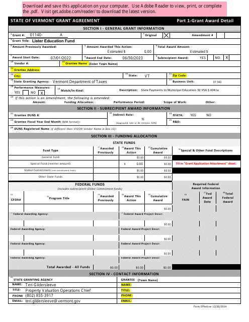 State of Vermont Grant Agreement Application - Vermont Download Pdf