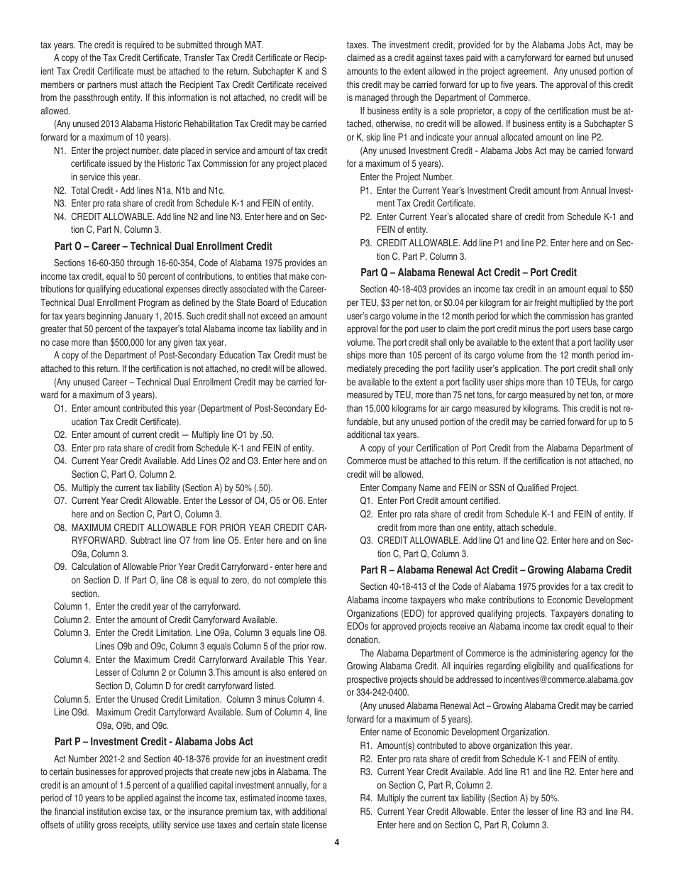 Instructions for Form 40, 40NR Schedule OC Other Available Credits - Alabama, Page 4