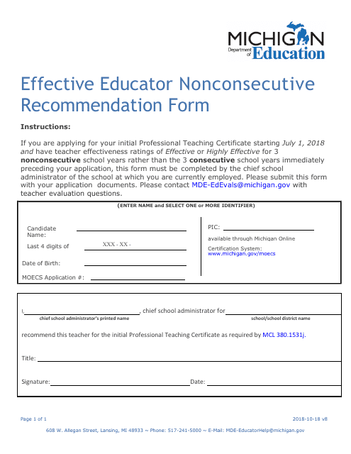 Effective Educator Nonconsecutive Recommendation Form - Michigan Download Pdf