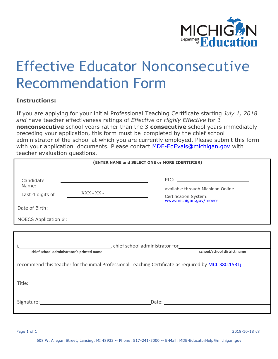 Effective Educator Nonconsecutive Recommendation Form - Michigan, Page 1