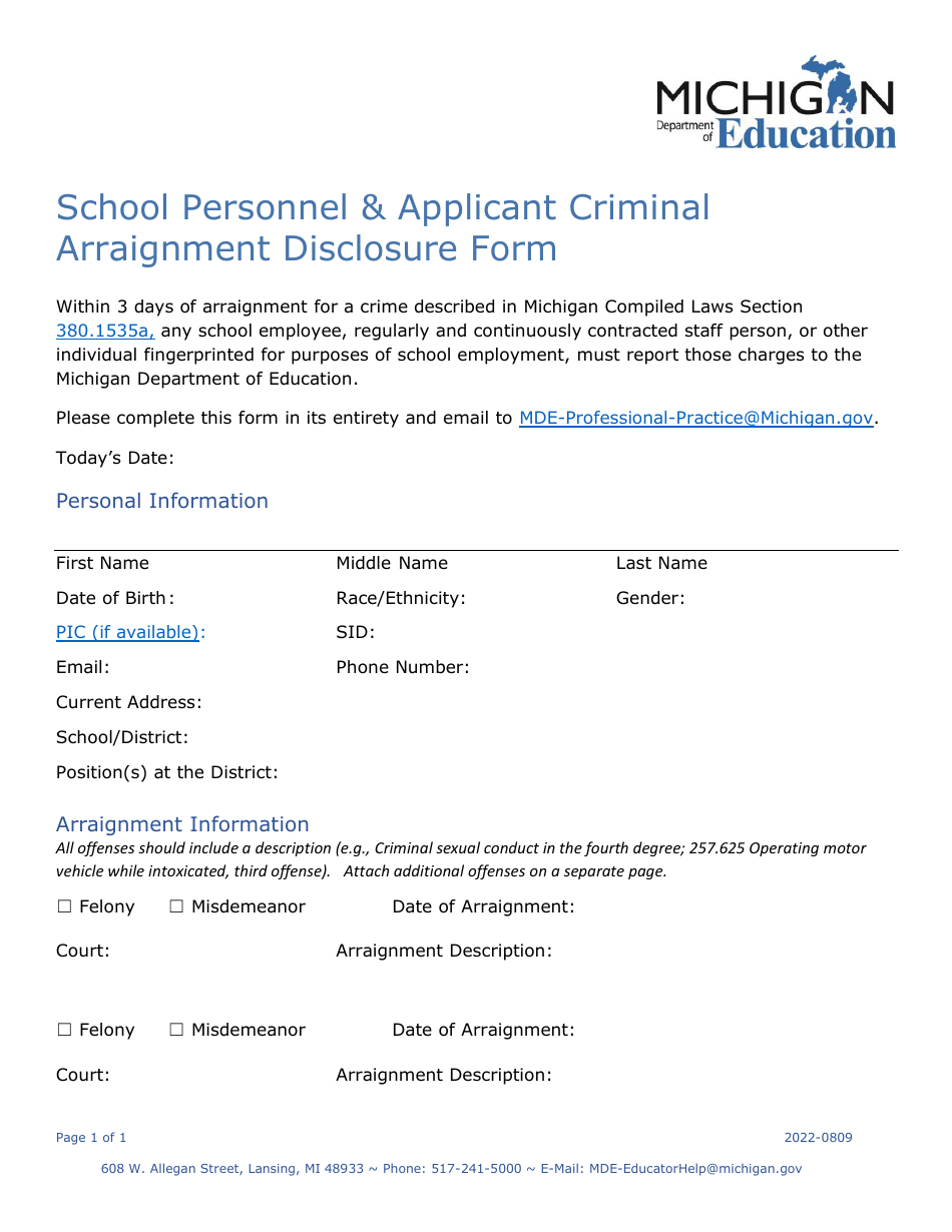 School Personnel  Applicant Criminal Arraignment Disclosure Form - Michigan, Page 1